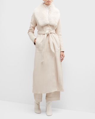 Long Belted Trench Coat w/ Shearling Collar