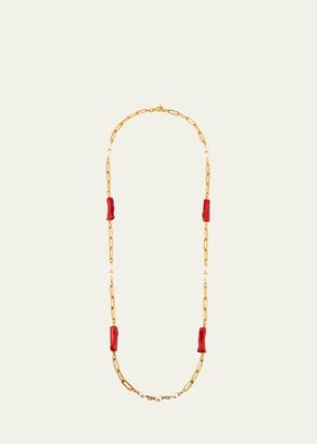 Long Chain Necklace with Coral Stones and Pearly Beads