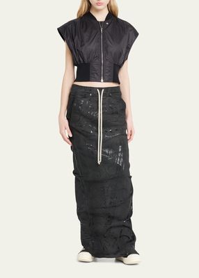 Long Drawstring Coated Denim Skirt