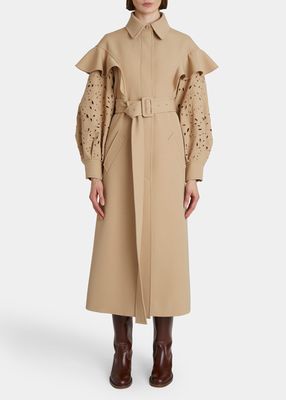 Long Eyelet-Embroidered Belted Wool Coat