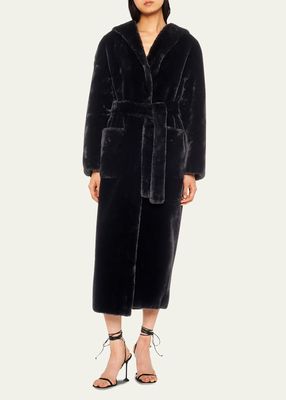 Long Faux Fur Hooded Coat with Self-Tie
