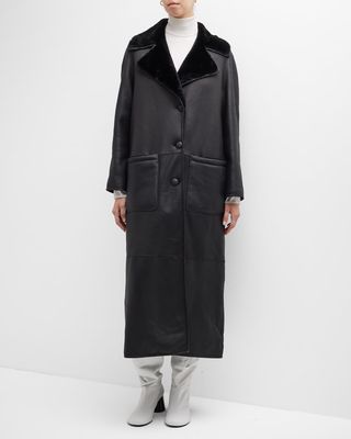 Long Leather Coat w/ Shearling Lining