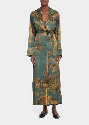 Long Metallic Leaf-Print Belted Robe