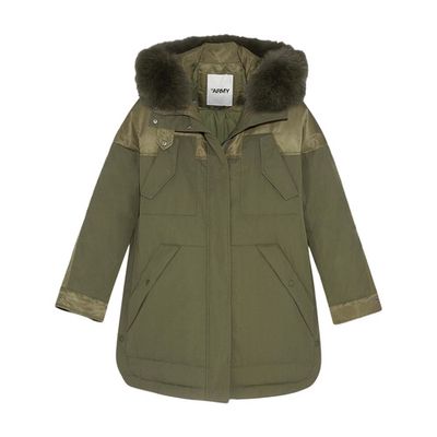 Long parka made from a blend of technical fabrics with a fox fur collar