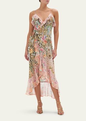 Long Silk High-Low Wrap Dress with Frill