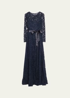 Long-Sleeve A-Line Floral Lace Gown