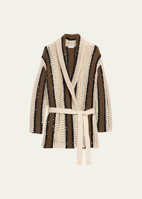 Long-Sleeve Belted Knit Paillette Cardigan