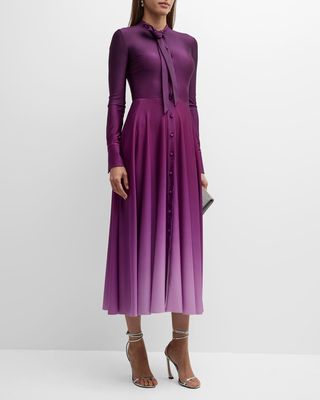 Long-Sleeve Button-Front Ombre Jersey Maxi Dress