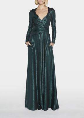 Long-Sleeve Draped Mirrorball Stretch Gown