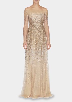 Long-Sleeve Draped-Shoulder Beaded Gown