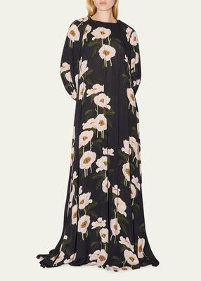 Long-Sleeve Floral Print Gown