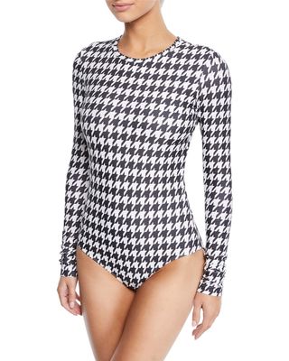 Long-Sleeve Houndstooth One-Piece Swimsuit