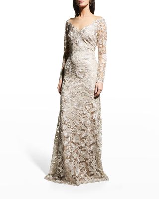 Long-Sleeve Illusion-Neck Lace Gown