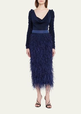 Long Sleeve Jersey Feathered Dress