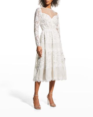 Long-Sleeve Lace Illusion Midi Dress