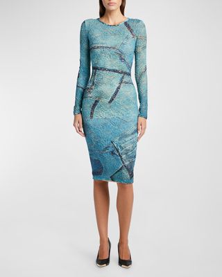 Long-Sleeve Lace Knit Midi Bodycon Dress