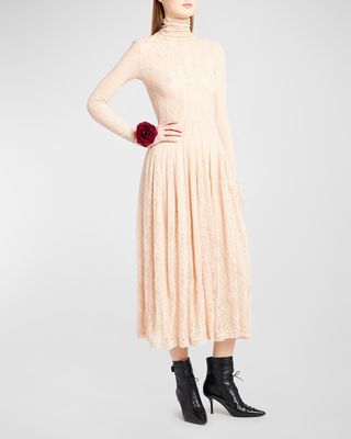 Long Sleeve Lace-Overlay A-Line Midi Dress