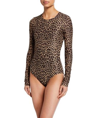 Long-Sleeve Leopard-Print One-Piece Swimsuit