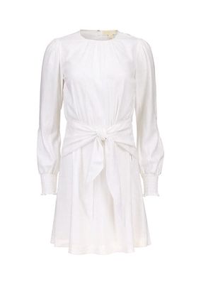 Long-Sleeve Linen Tie-Front Minidress