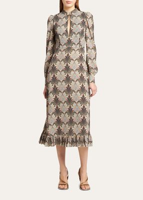 Long-Sleeve Paisley Ruffle-Hem Midi Dress
