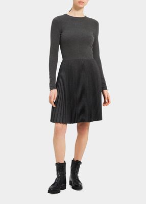 Long-Sleeve Pleated Mini Sweater Dress