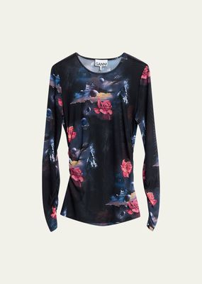 Long-Sleeve Printed Mesh Blouse