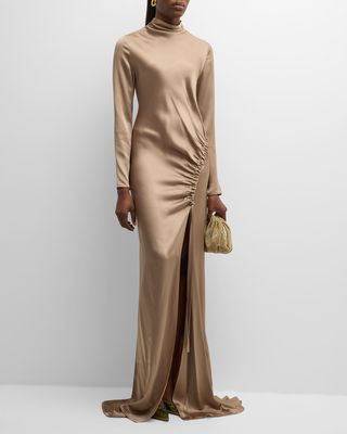 Long-Sleeve Ruched Slit-Hem Double-Face Satin Bias Gown