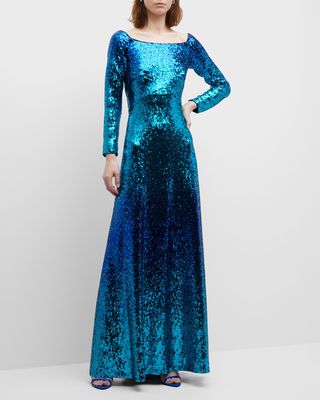 Long-Sleeve Sequin A-Line Gown