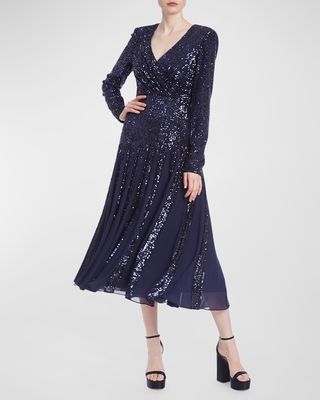 Long-Sleeve Sequin Godet Midi Dress