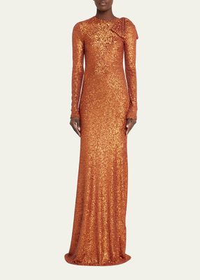 Long-Sleeve Sequin Gown with Bow Detail