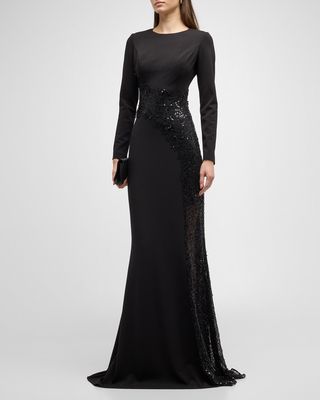 Long-Sleeve Sequin Lace & Crepe Trumpet Gown