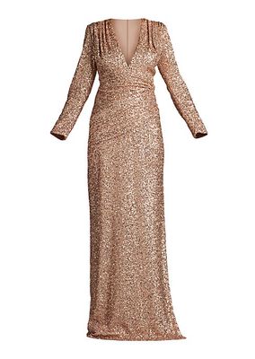 Long Sleeve Sequined V-Neck Gown