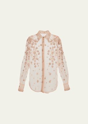 Long-Sleeve Sheer Flower Embroidered Blouse