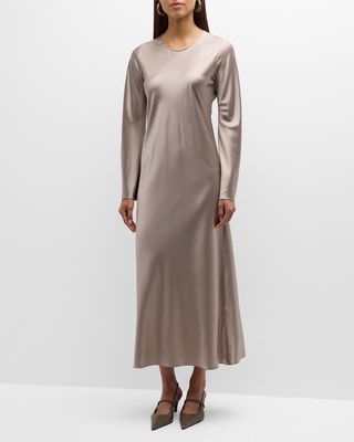 Long-Sleeve Silk Midi Dress