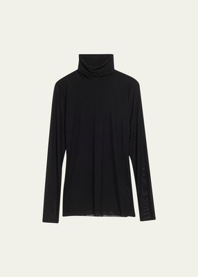 Long-Sleeve Solid Mesh Turtleneck Top