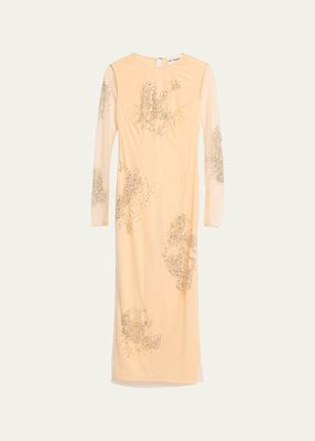 Long-Sleeve Splash Embroidered Tulle Midi Dress