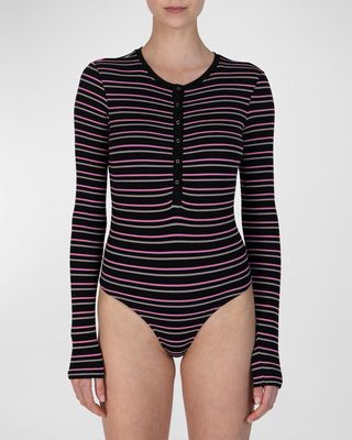 Long-Sleeve Striped Henley Bodysuit