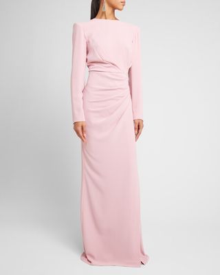 Long-Sleeve Strong-Shoulder Draped Cady Gown