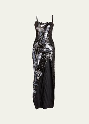 Long Star Sequin-Embroidered Dress