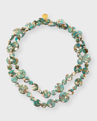 Long Turquoise and Pearly Coin Necklace, 36"L