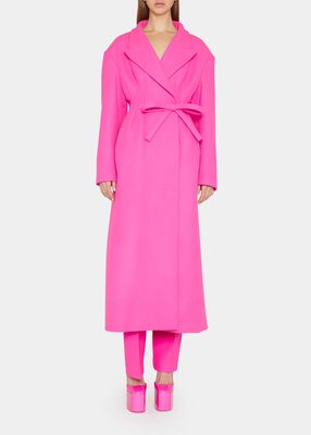 Long Wool Wrap Coat with Bow Detail