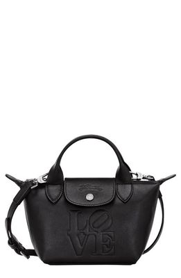 Longchamp x Robert Indiana Extra Small Le Pliage Leather Top Handle Bag in Black