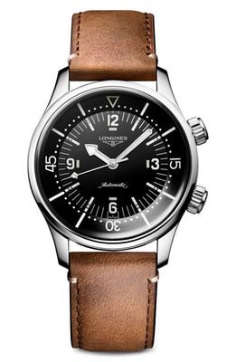 Longines Legend Diver Automatic Leather Strap Watch, 39mm in Brown/Black 