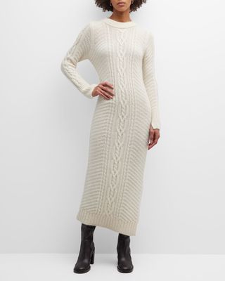 Lora Cable-Knit Split-Cuff Midi Sweater Dress