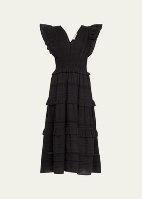 Loren Flutter Sleeve V-Neck Tiered Midi Dress