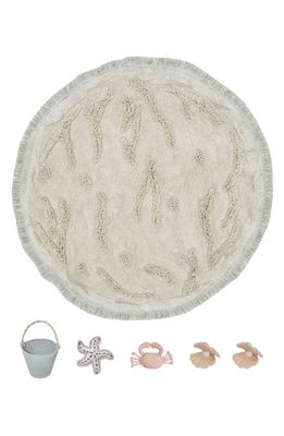 Lorena Canals Island Washable Cotton Rug, Basket & Sea Creature Set<br /> in Natural Blue Sage Rose Vintage 