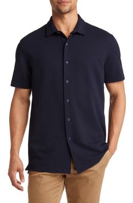 Lorenzo Uomo Short Sleeve Cotton Blend Seersucker Button-Up Shirt in Navy