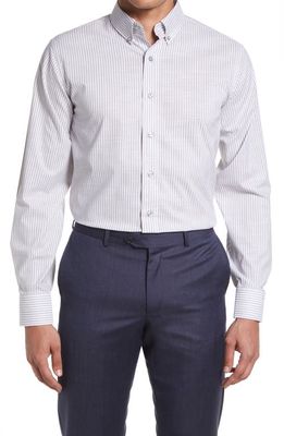 Lorenzo Uomo Trim Fit Stripe Cotton & Linen Dress Shirt in White/Blue