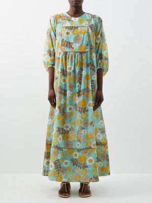 Loretta Caponi - Ariel Floral-print Cotton-voile Dress - Womens - Blue Print