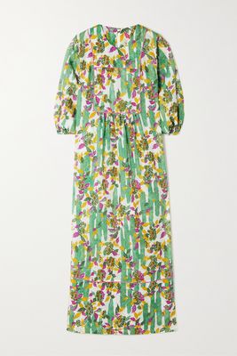 Loretta Caponi - Ariel Metallic Embroidered Floral-print Cotton-voile Maxi Dress - Green